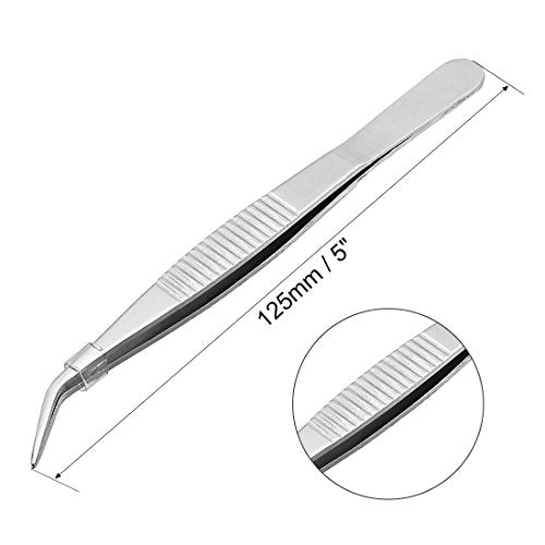 uxcell 2 Pcs 5-Inch Stainless Steel Tweezers with Curved Pointed Serrated Tip