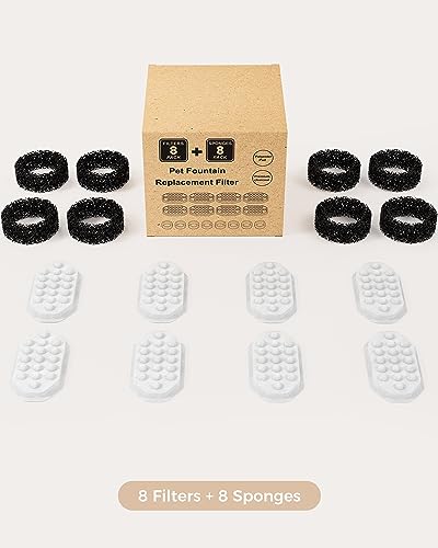 Neareal Official 8 Pack Cat Water Fountain Replacement Filters & Pre-Filter Sponges for 108oz/3.2 Stainless Steel Pet Water Fountain