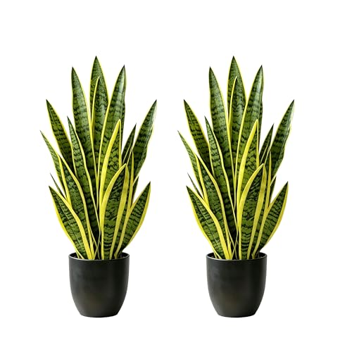 Artificial Snake Plant 2.3FT-2PCS, 27'' Sansevieria Plant with Black Pot, Low Maintenance Mother-in-Law's Tongue for Home Decor Indoor Outdoor, Desk Corner Office Hotel Garden(Yellow-2Pack) - color: Yellow-27in (2 Pack)