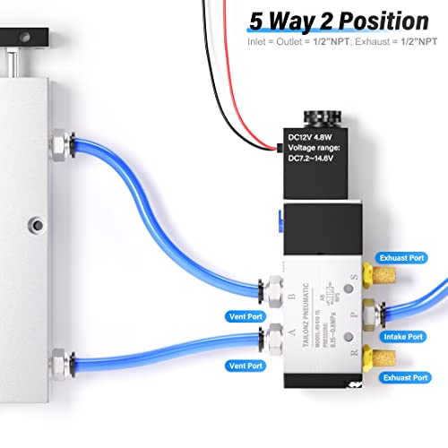 TAILONZ PNEUMATIC 1/2"NPT Solenoid Valve 4V410-15 12V/24V/110V/220V Single Coil Pilot-Operated Electric 2 Position 5 Way Connection Type Outlet wire - size: 1/2"NPT/DC12V/Out of line, style: 2 Position 5 Way