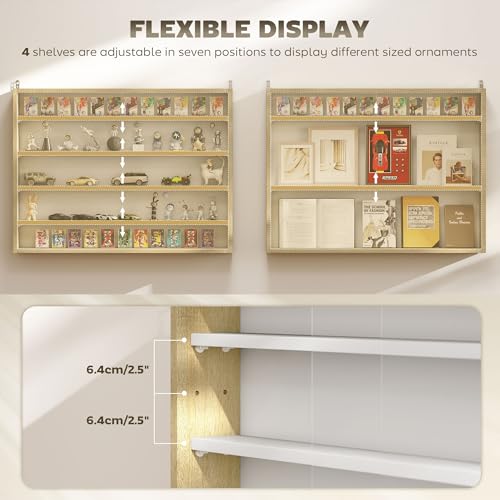 HOMCOM 5-Tier Display Cabinet, Glass Door Cabinet with Adjustable Shelves, Wall-Mounted Display Case for Playroom, Bedroom, Oak and White - color: Oak and White