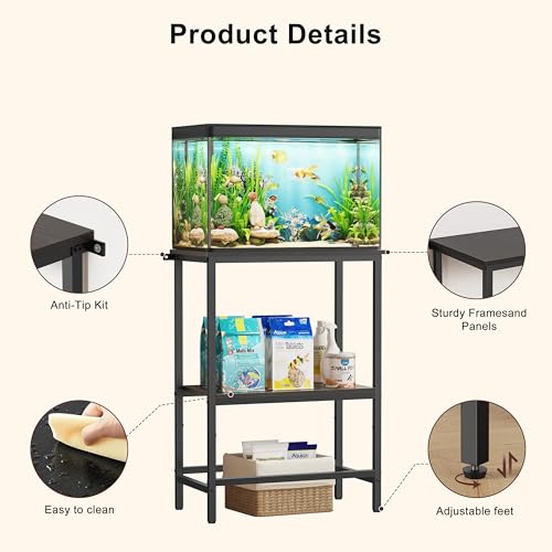 5-10 Gallon Fish Tank Stand, Aquarium Stand with 2-Tier Storage Shelves, Heavy-Duty Reptile Terrarium Stand Table with One-Piece Top for 10 Gallon Standard Model, 21.2" L x 11.8" W x 29.3" H (Black) - color: Black, size: 10 Gallon