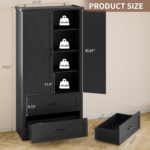 BORNOON Pantry Organizers and Storage Cabinet, 71” Barn Door White Kitchen Cabinet with Drawers and Adjustable Shelf, Tall Pantry for Kitchen, Dining Room, Living Room. Bathroom and Office - color: Black, size: Double Drawers