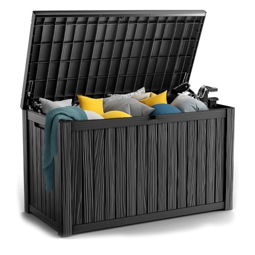 PatioZen 180 Gallon Resin Deck Box, Lockable Patio Outdoor Storage Box for Furniture, Garden Tools and Tools Storage, Waterproof Outside Storage Boxes - Black - color: Black, size: 180 Gallon
