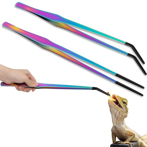 Lasnten 2 Pcs Extra Long Stainless Steel Reptile Feeding Tongs with Rubber Tip 15 Inch Bearded Dragon Aquarium Straight and Curved Long Tweezer Terrarium Feeder Tool for Tank (Colorful) - color: Colorful, size: 15 Inch