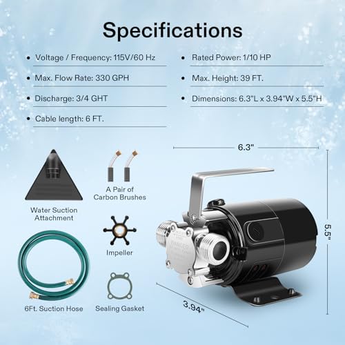 VIVOSUN 115V Water Transfer Pump, 1/10HP 330 GPH Portable Utility Pump with Water Hose Kit, Ideal for Removing Water from Gardens, Hot Tubs, Rain Barrels, Pools, Ponds, and Aquariums - size: 1/10HP-330 GPH