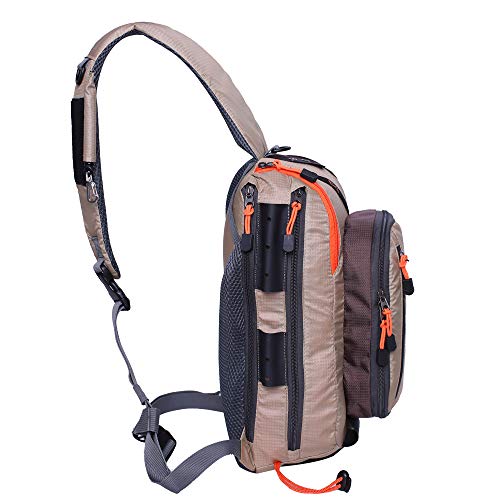 Kylebooker Fly Fishing Sling Pack Lightweight Fishing Tackle Storage Shoulder Bag Multiple Pockets for Trout Freshwater Saltwater Fishing - color: Khaki