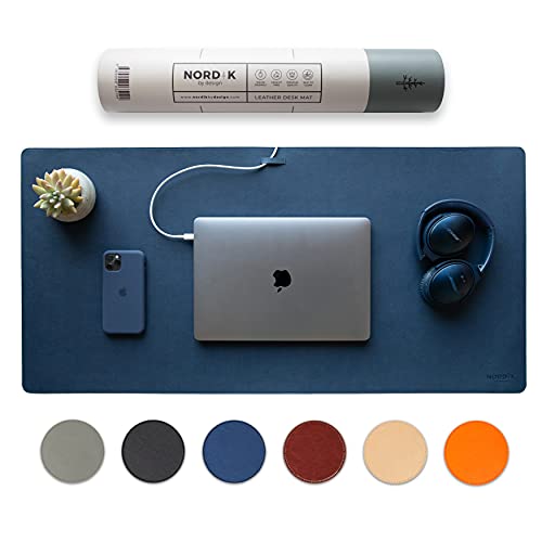 Nordik Leather Desk Mat Cable Organizer (Midnight Blue 35 x 17 inch) Premium Extended Mouse Mat for Home Office Accessories - Felt Vegan Large Leather Desk Pad Protector & Desk Blotter Pads Decor - color: Midnight Blue