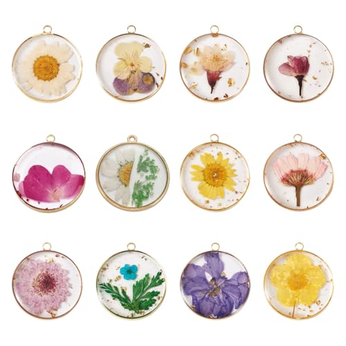 Transparent Flower Resin Charms Round Gold Edge Dried Floral Pendants Flat Round Clear Gold Foil Floral Charms for Necklace Bookmark Keychain Jewelry Making - color: Flower-3