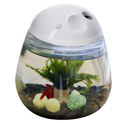 Mini Betta Fish Tank, Small Fish Bowl, Plastic Fish Tank with Lid, Desktop Clear Round Fish Bowl and LED for Small Fish, Insect, Shrimp, Crab, Jellyfish Goldfish, Room Decor (with Charger Pattern)