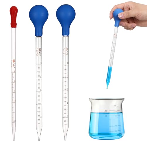 3Pcs Glass Pipettes Dropper, 10ml Graduated Liquid Dropper with Rubber Bulb for Laboratory, Medicine, School, Food, Research
