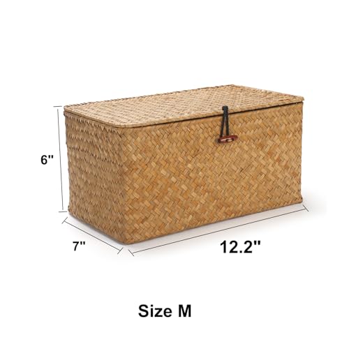 DOKOT Rectangular Handwoven Seagrass Storage Basket with Lid for Shelves and Home Organizer Bin, (M (12"x7"x6"H), Natural) - size: M (12"x7"x6"H)