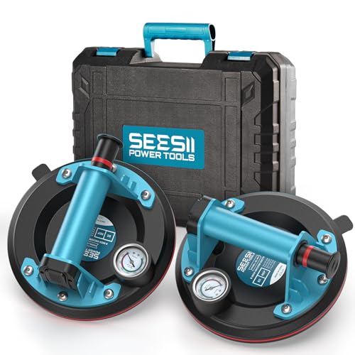 SEESII Suction Cups for Glass Lifting: 8" Tile Suction Cup Lifter with Pressure Gauge, 250KG Max Load, Heavy Duty Vacuum Lifter for Lifting Large Tile, Granite, Metal, Windows (2-Pack) - color: Ice Blue