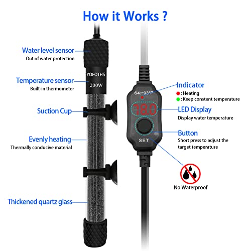 YOFOTHS Adjustable Mini Aquarium Heater 20-40 Gallons Submersible Small Fish Tank Heater 200W Digital Display Thermostat External Temperature Controller (200W) - size: 200W