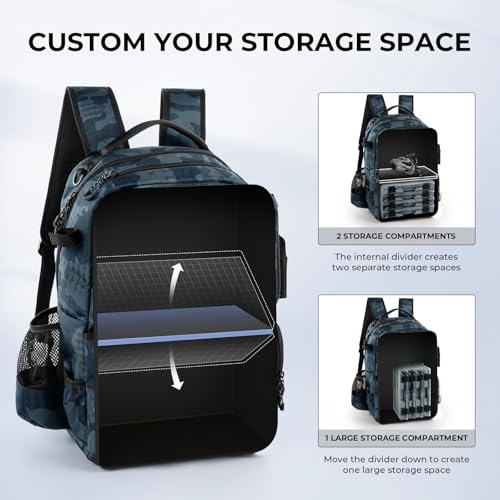 KastKing BaitSpace Fishing Tackle Backpack with Removable Bait Binder,2 Rod Holders Storage Fishing Gear and Equipment - color: G: Blue Camo（Without tackle box）