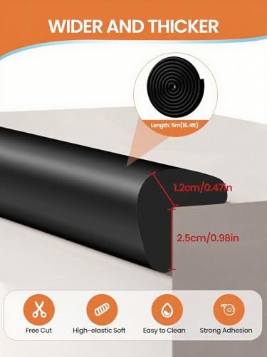 Baby Proof Edge Corner Protector, 16.4FT 0.47''Th L-Shape Furniture Corner & Edge Safety Bumpers with 10 Corners, Pre-Taped, Soft NBR Rubber Foam Desk Edge Cushion Wall Corner Protector (Black) - color: Black, size: 0.47''Th (16.4ft)