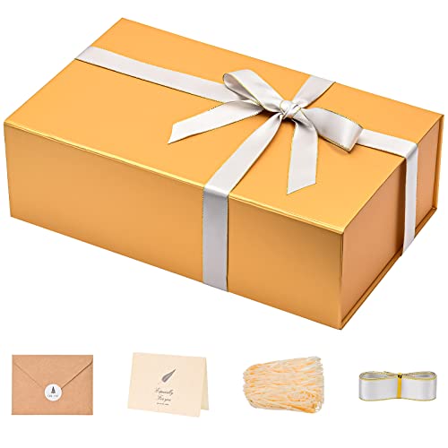 LIFELUM Gold Gift Boxes with Lids,1 Pack 13.85 x 8.35 x 4.45 inch Gift Box with Ribbon, Card, Shredded Paper Filler Gift Box for Valentine's day,Christmas,Birthdays, Bridal Gifts,Weddings - color: Gold, size: 1 count (Pack of 1)