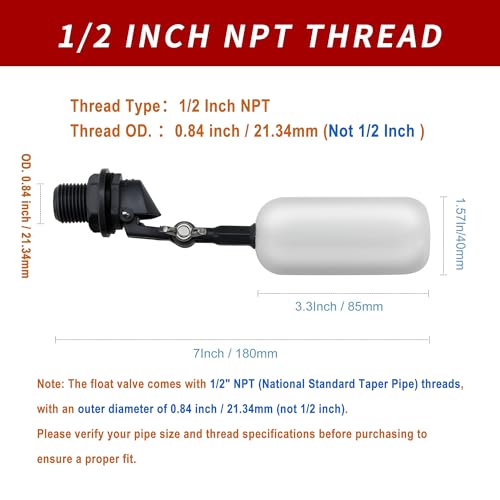 2 Pack Float Ball Valve, 1/2 Inch NPT Thread, OD. 0.84 inch (21.34mm), 3/4 inch, Adjustable Arm for Livestock Water Trough, Aquariums, Hydroponics - Automatic Fill and Control Water Level
