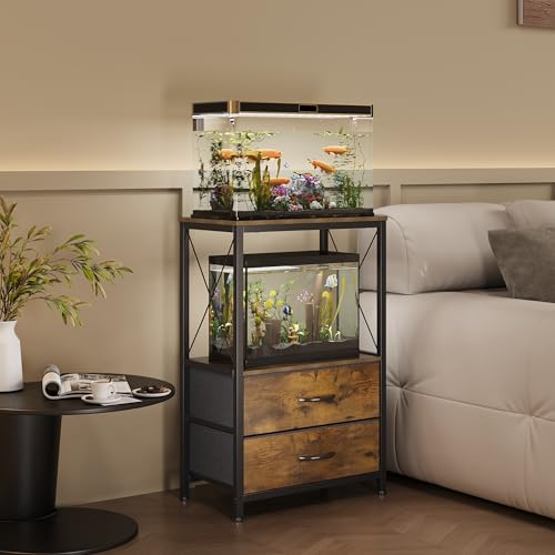 10 Gallon Aquarium Stand with 2-Tier Shelf Fish Tanks Stand with 2 Drawers Metal Frame Heavy Duty Reptile TurtleTank Stand with Storage for Home Offic Fish Tank Accessories Storage, Brown - color: Brown