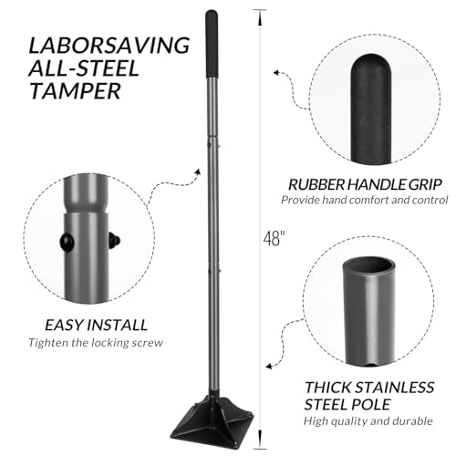 Walensee 8" x 8" Steel Tamper Tool with 48" Handle, Heavy Duty Ground Tamper with Rubber Grip for Leveling Paver Base, Soil, Gravel, Sand, Asphalt, Driveways, Yards and Blacktop Repair - size: 8"×8"