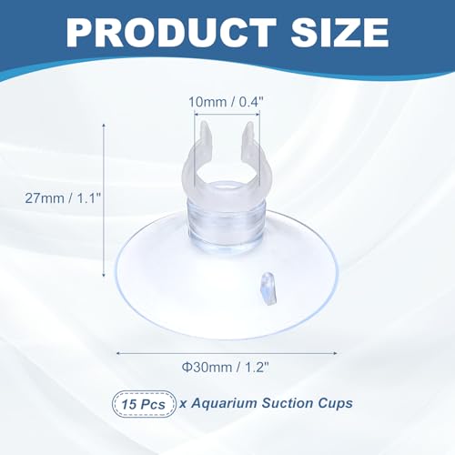 Aquarium Suction Cups, Fish Tank Suction Cups Clips Airline Tube Holders Clamps (Plastic, 15Pcs, Clear) for 0.4" Fish Tank Airline Tubing Binding Moss Shrimp Nest, 10x30MM