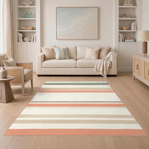 5'x7' Washable Minimalist Stripe Area Rug, Sage Green Non-Shedding Pet Friendly Carpet Easy Care Kids Safe Mat for Small Living Room, Playroom, Bedroom | Ref:1993948 - color: Beige/Pattern 22, size: 5' x 7' (Rectangular)