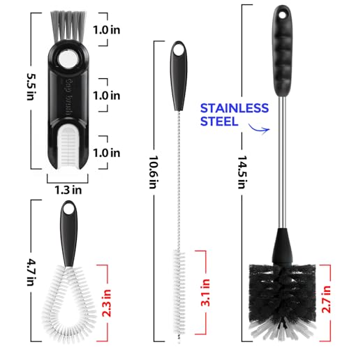 Holikme 4Pack Bottle Brush Set, 14" Long Handle Stainless Steel Bottle Brush, Straw Brushes, Cup Cleaner Brush, 3-in-1 Bottle Cleaning Brush for Water Bottle, Antistatic Lab Brushes, Straws Black - color: Black