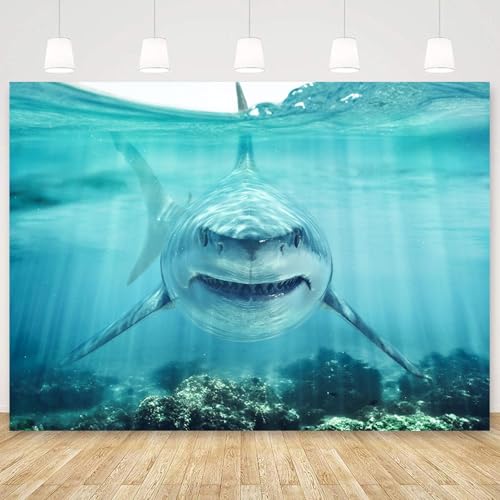 Shark Under The Sea Backdrop 7x5ft Fabric Underwater World Backdrops for Photography Ocean Coral Reef Shallows Aquarium Background Theme Party Decorations Banner Birthday Photo Studio Props - size: 7x5FT