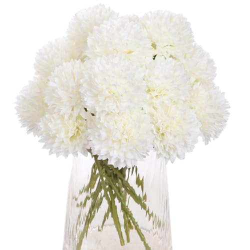 Kimura's Cabin 20Pcs Fake Chrysanthemum Artificial Flowers Silk Ball Flowers Faux Mums Flower with Stem for Wedding Party DIY Bouquets Arrangements Home Table Core Decoration Vase Fillers(White) - color: White Color
