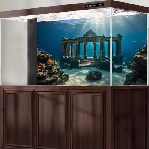 Under The Sea Scene Aquarium Background Tranquil Underwater Ancient Temple Fish Tank Background Deep Blue Sea Sunray Terrarium Backgrounds Blue Ocean Sunken Temple Reptile Tank Backgrounds 48x18in - color: Blue_Dark Brown, size: 48(W)x18(H)in