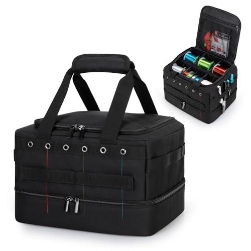 HODRANT Double-layer Fishing Line Storage Bag, Line & Reel Management Case with 5 Removable Dividers & 6 Grommets, Tackle Gear Organizer Tangle-Free Leader Spool Dispenser for Travel & Kayak, Bag Only
