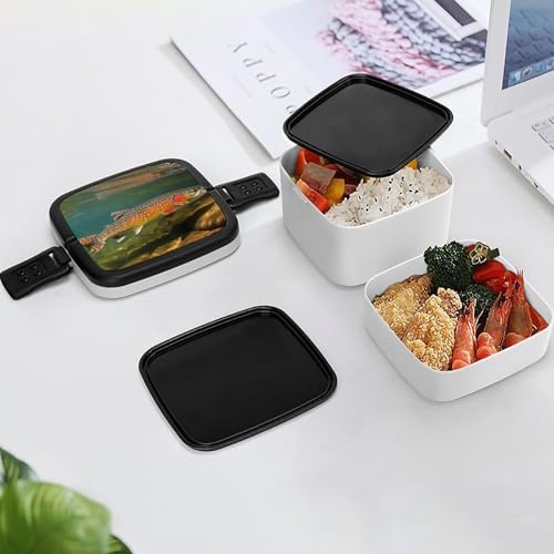 Brook Trout Fly Fishing Lunch Box Snack Containers with Lids, 2 Compartment Snackle Box Container, Leak-Proof Reusable Food Storage Container for Travel, Meal Prep, Camping, 1000ml
