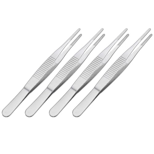 uxcell Stainless Steel Tweezers, 5-Inch Straight Blunt, Multipurpose, Silver, 4 Pcs