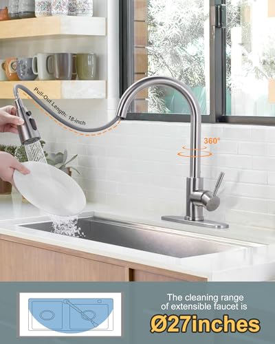 WOWOW Kitchen Faucet with Sprayer, Kitchen Sink Faucet, SUS 304 Stainless Steel, High Arc Single Handle Brushed Nickel Kitchen Faucets with Pull Down Sprayer, Pull Out Kitchen Faucet with Deck Plate - color: A: Brushed Nickel, style: Kitchen Faucet