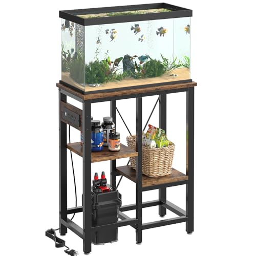 Bestier 10 Gallon Fish Tank Stand with Power Outlet, 20.3x10.6 Metal Aquarium Stand with Filter Storage, 6-Leg Reptile Tank Stand with 3-Tier Adjustable Storage Shelves, 264LBS Capacity，Rustic Brown - color: Rustic Brown, size: 5-10 Gallon