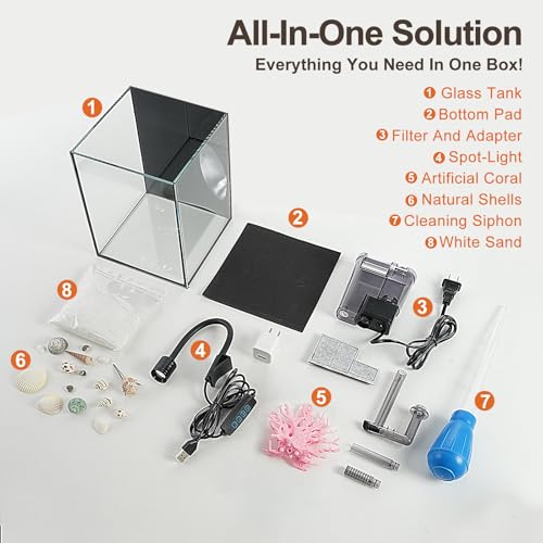 Desktop Aquarium Mini Tank Kit, 1.2 Gallon Rimless Cube with Filter, LED Spotlight, Black Background, Glass Construction, Pipette for Betta Fish, Guppies, Tetras