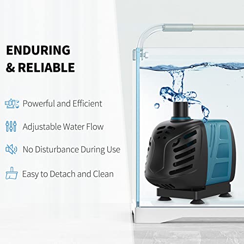 Uniclife Aquarium 320 GPH Submersible and Inline Water Pump 22W 5ft High Lift AC 120 V Quiet Adjustable Return Pump with 6 ft. Power Cord for Fish Tanks Pond Waterfalls Fountains Sumps and Gardens - size: 320GPH