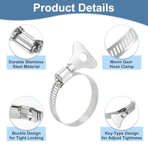 uxcell 6Pcs Stainless Steel Hose Clamps Worm Gear Hose Clamp, 25-38mm (1"to 1-1/2") Adjustable Thumb Screw Key Type Clamps Fuel Line Clamps 8mm Bandwidth for Plumbing, Automotive