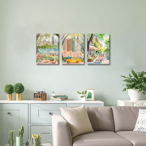 XLARTMY New York City Poster Travel Wall Art Canvas Framed Watercolor NYC Central Park Landmarks Artwork Decor Painting Prints Pictures Set of 3 for Bedroom Living Room Bathroom Office 12x16in - color: Watercolor City, size: 12x16in Canvas