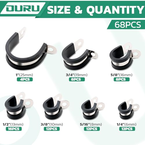 OURU 68PCS Cable Clamps Assortment Kit,7 Sizes Stainless Steel Rubber Coated Cushioned Insulated Cable Clamps-Metal Wire Clamps,Pipe Clamps for Tube,Lines - size: 68 PCS - 7 Sizes