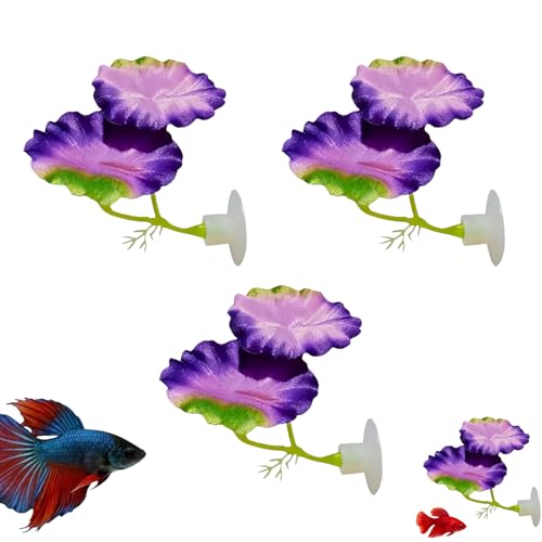 Fish Leaf Pad Simulating for Betta, Natural Resting Leaf Pad for Aquarium, Betta Fish Pad with Suction Cup, Artificial Silk Plant Leaf for Spawning Grounds, Breeding, Resting, Hiding (Purple 3 Pcs)