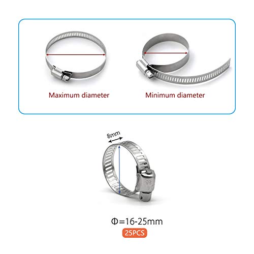 ZIPCCI Hose Clamp, 25 Pack Stainless Steel Worm Gear fuel line hose clamps, 16-25mm (5/8-1 inch) - size: 16-25mm