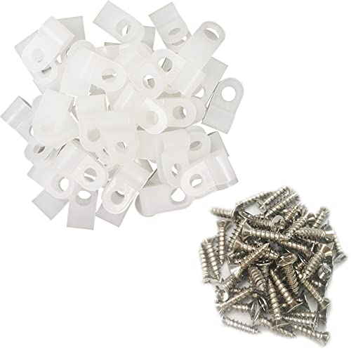 Cable Clamp R-Type Cable Clip Wire Clamp 3/16" Nylon Screw Mounting Cord Fastener Clips with Screws for Wire Management - White - 50 Pcs - size: 3/16" White