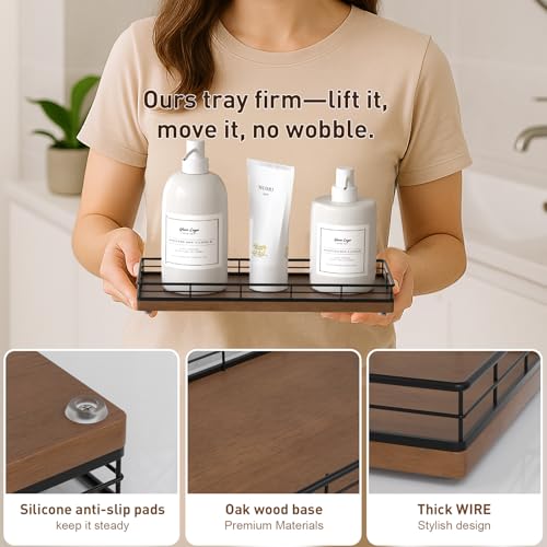 Bathroom Tray for Counter Top Organizer – Oak Wood Vanity Tray with Metal Frame for Dresser, Kitchen, Nightstand – Black & Brown Decorative Storage - color: Black & Brown, size: 11" x 4.5" x 1.5"