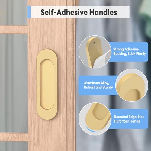 2 Pack Self Stick Sliding Door Handles, Aluminum Alloy 4 Inch Self Adhesive Cabinet Knobs for Push-Pull Glass Barn Doors, Closets, Wardrobes, Windows (2, Champagne) - color: Champagne