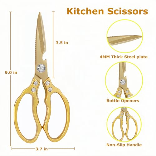 AWinjoy Japanese Gold Kitchen Scissors, Heavy Duty Stainless Steel, Multipurpose Cooking Shears, Dishwasher Safe - color: All Gold