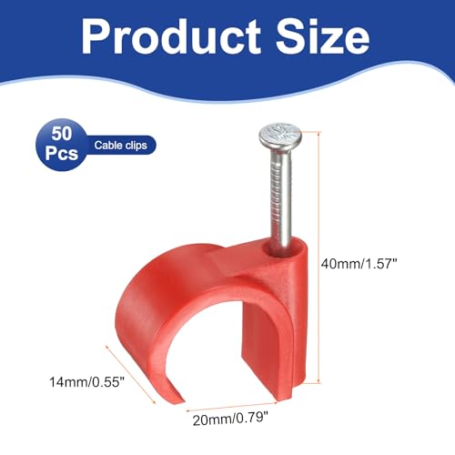 HARFINGTON 50pcs Cable Clips with Nail 20mm Circular Single Hook Half Clamp J-Hook with Nail Cord Clips for Wires on Wall for Ethernet Tacks Coax Pex Tubing Pipe Support, Red - color: Red, size: 20mm