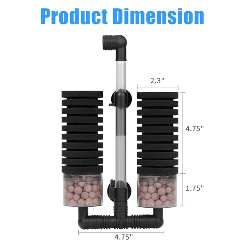 AQUANEAT Aquarium Air Powered Sponge Filter with Ceramic Media Balls, for Betta Fry Shrimp Fish Tank, with 2 Spare Sponges, up to 55Gal - size: Large
