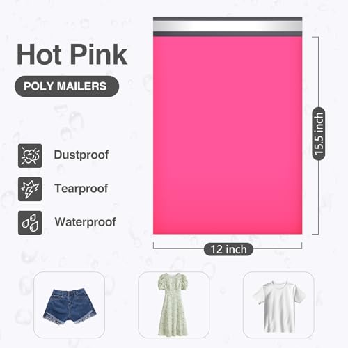 UCGOU Poly Mailers 12x15.5 Inch Hot Pink 100 Pack Medium Shipping Bags #5 Strong Thick Mailing Envelopes Self Sealing Adhesive Waterproof and Tear Proof Boutique Packaging Postal for Clothing - color: Hot Pink, size: 12x15.5