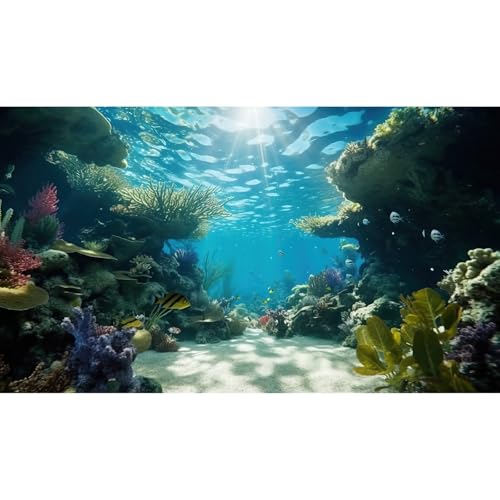 Under The Sea Fish Tank Background Deep Sea Coral Reef Aquarium Background Underwater Rock Cave Sunray Terrarium Backgrounds Tropical Fish Ocean Floor Aquarium Fish Tank Backgrounds Decor 30x12in - color: Green_Blue, size: 24(W)x12(H)inches/ 60(W)*30cm(H)